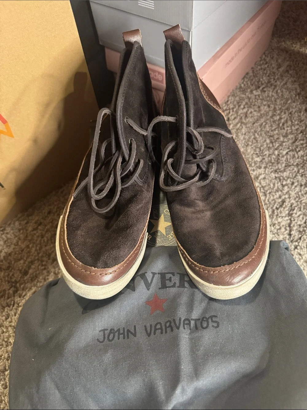 John Varvatos Dark Brown Suede Chukka Boots with Leather Trim